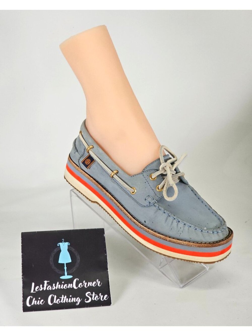 Tory Burch Women's Blue Nubuck Leather Joey Platform Boat Shoes Size 8 241 - Picture 16 of 16
